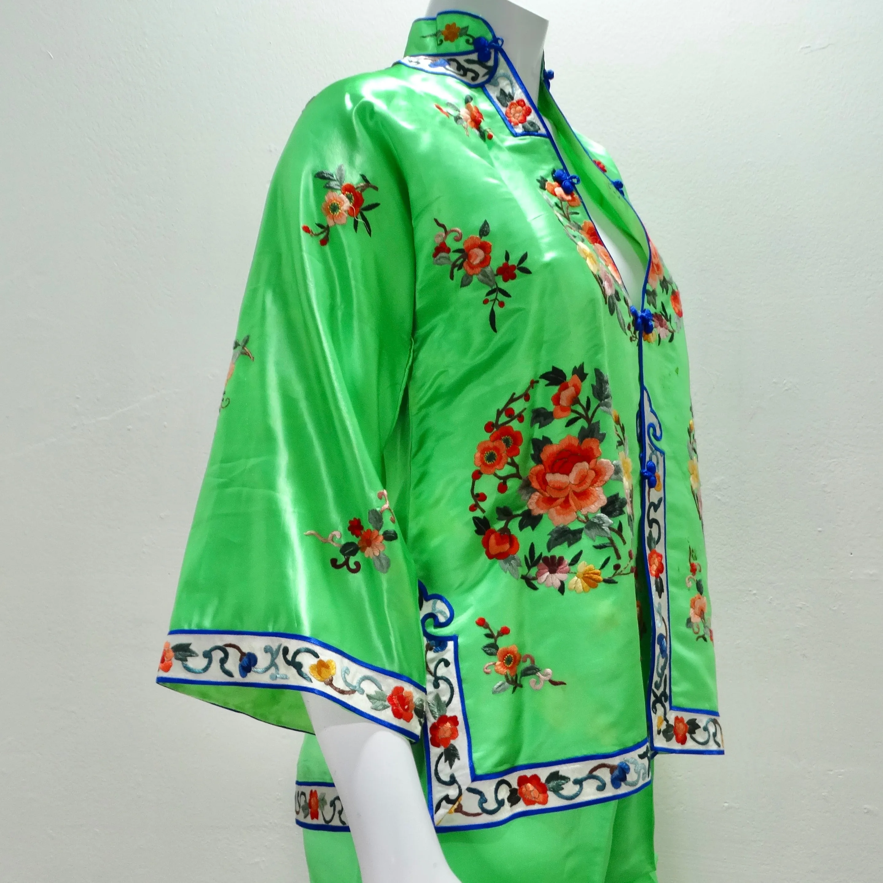 1970s Bright Green Satin Chinese Pajamas