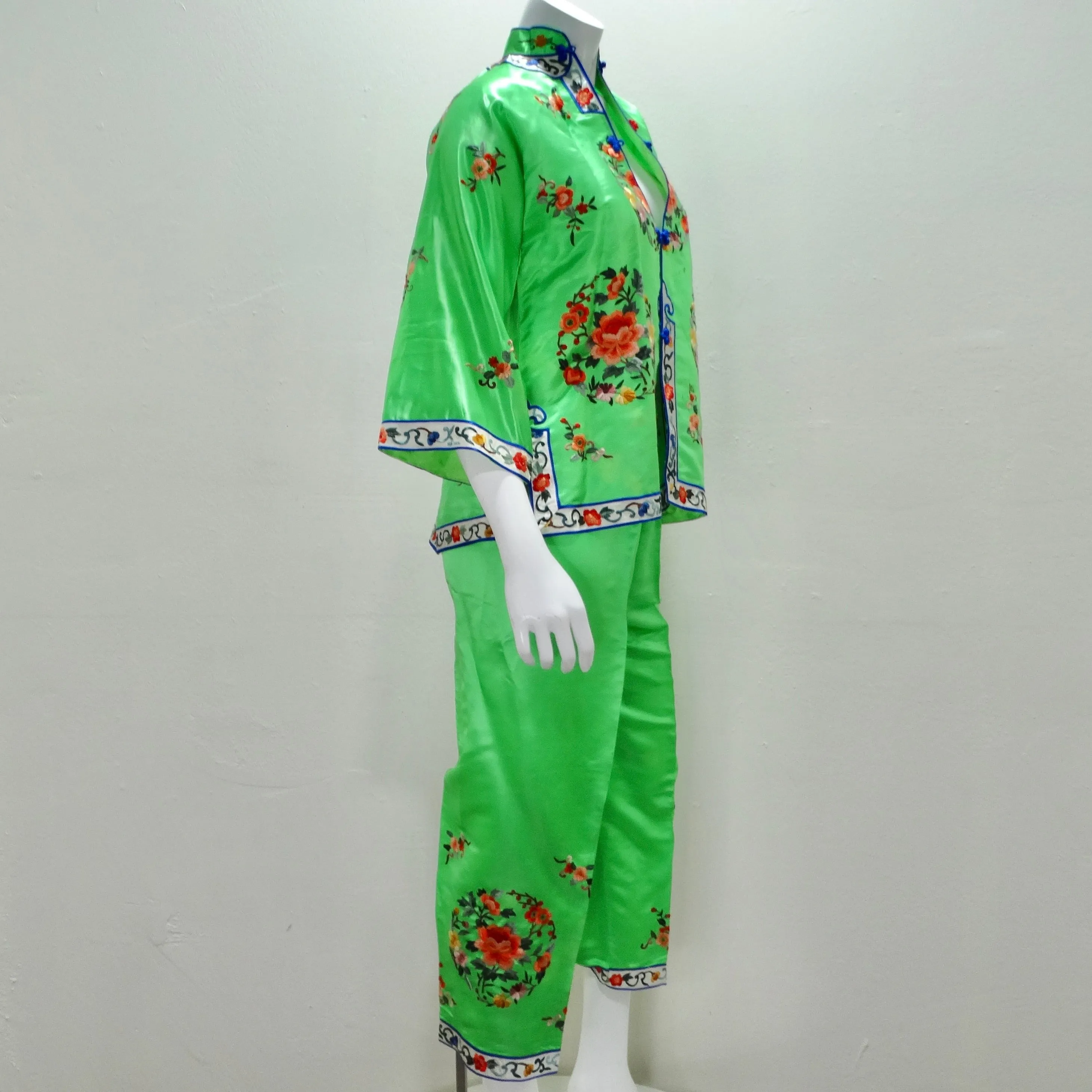 1970s Bright Green Satin Chinese Pajamas