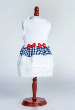 437 White Top with Gingham and Eyelet Skirt and Bow Trim