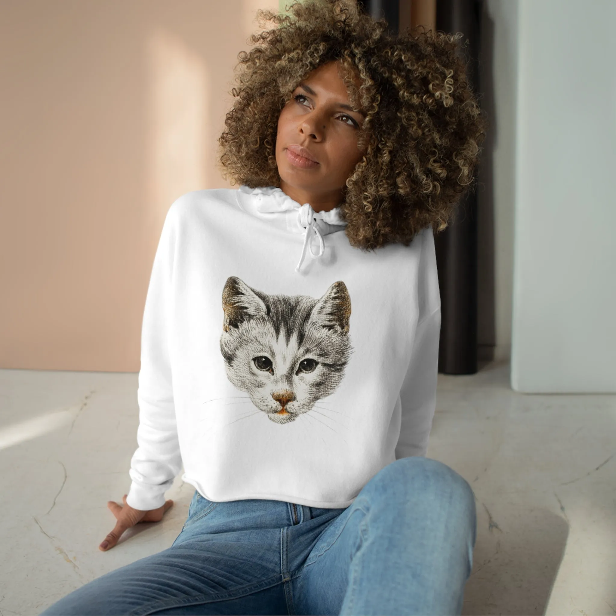 Adorable Cat-Themed Cropped Hoodie in Pink & White, Cozy Women's Streetwear, Unique Cat Lover Gift Idea, Valentine Gift