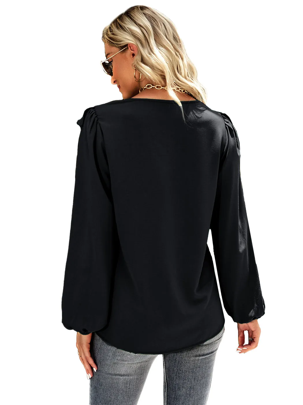 Anna-Kaci Women's Long Sleeve Button Down Ruffle V Neck Solid Color Business Top Blouse