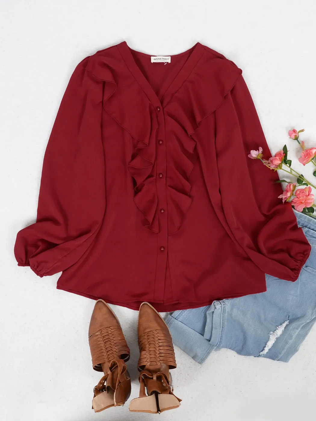 Anna-Kaci Women's Long Sleeve Button Down Ruffle V Neck Solid Color Business Top Blouse