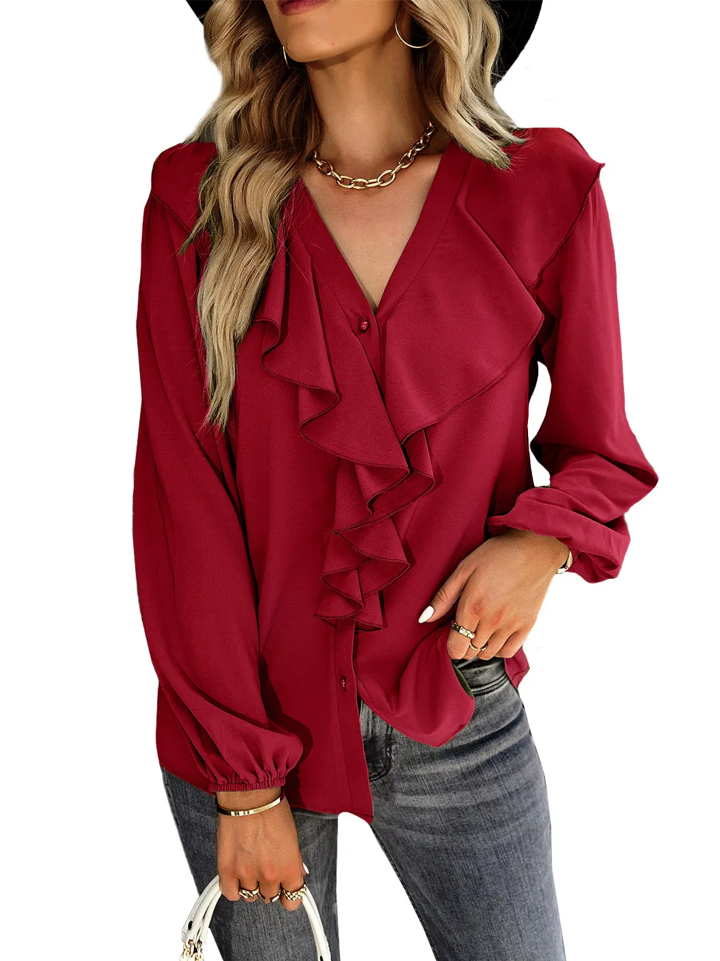 Anna-Kaci Women's Long Sleeve Button Down Ruffle V Neck Solid Color Business Top Blouse