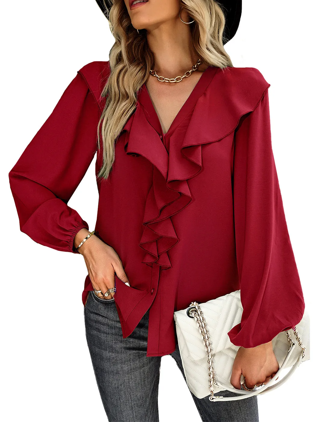 Anna-Kaci Women's Long Sleeve Button Down Ruffle V Neck Solid Color Business Top Blouse