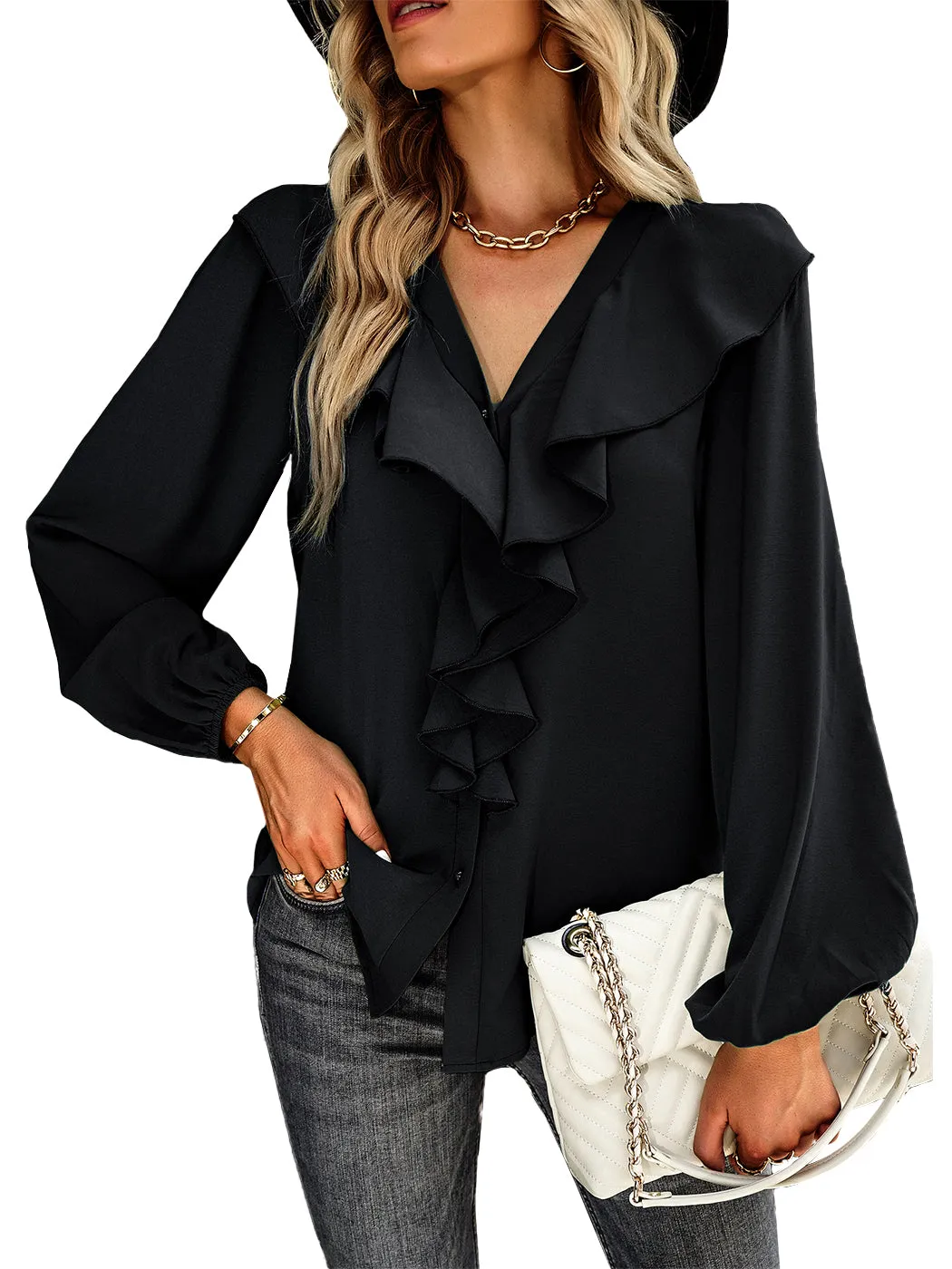 Anna-Kaci Women's Long Sleeve Button Down Ruffle V Neck Solid Color Business Top Blouse