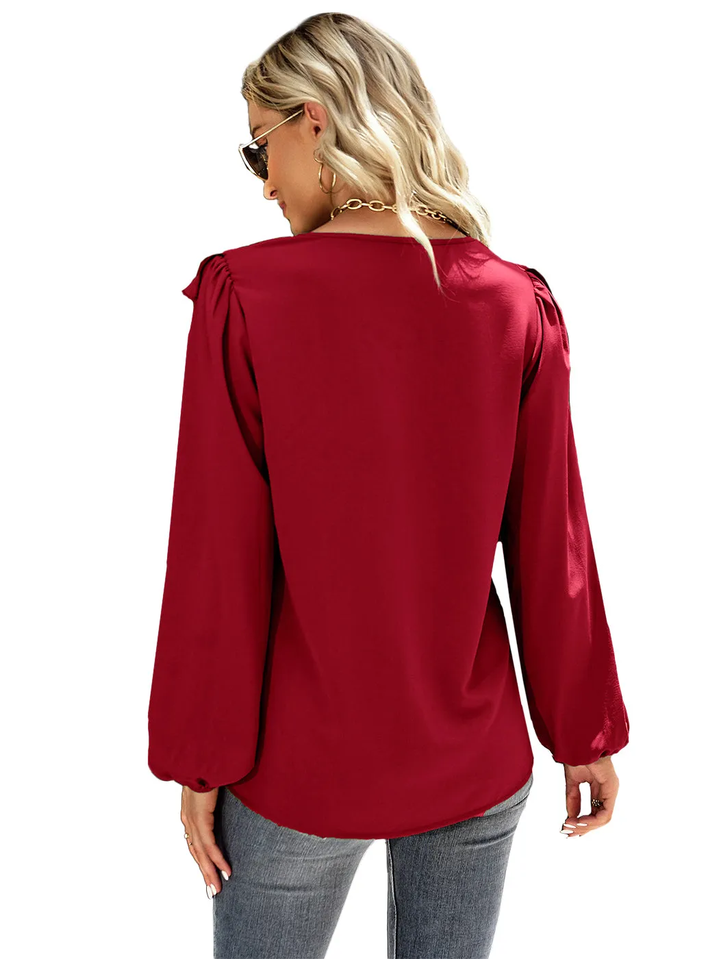 Anna-Kaci Women's Long Sleeve Button Down Ruffle V Neck Solid Color Business Top Blouse
