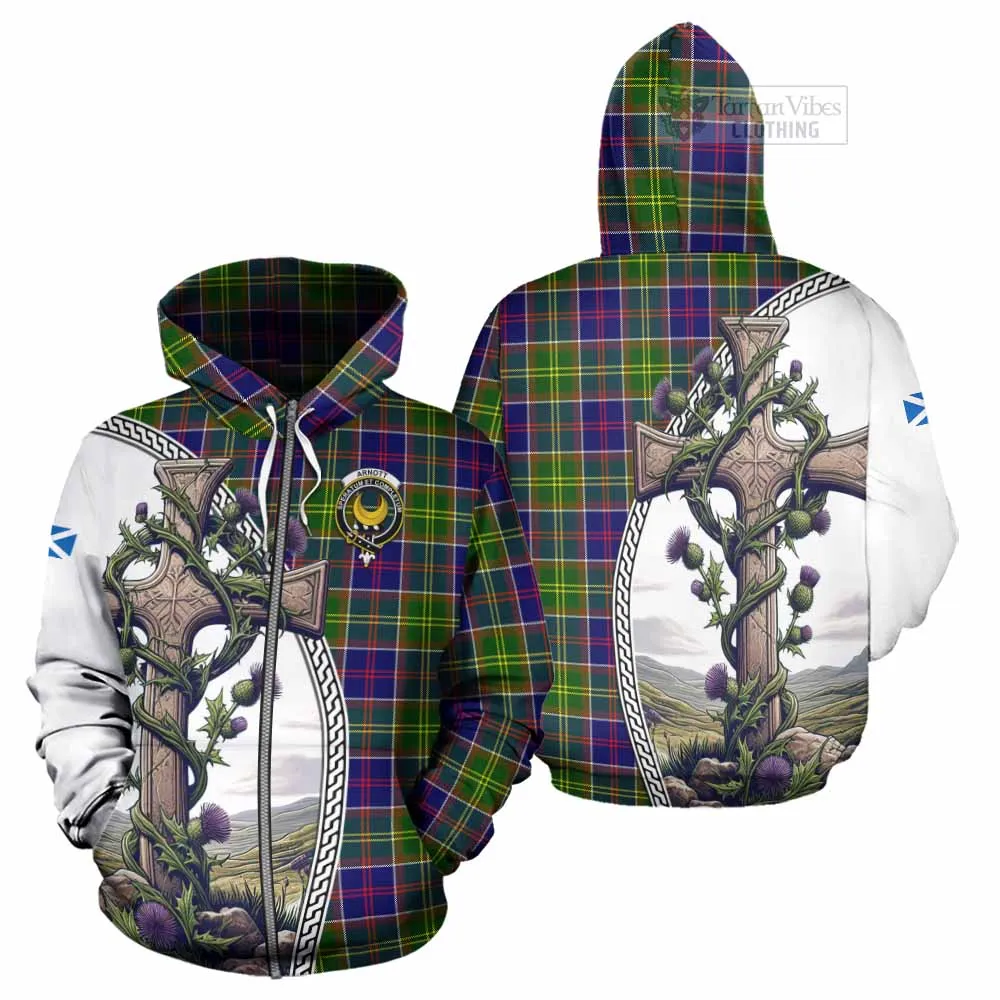 Arnott Tartan Hoodie with Family Crest and St. Andrew's Cross Accented by Thistle Vines