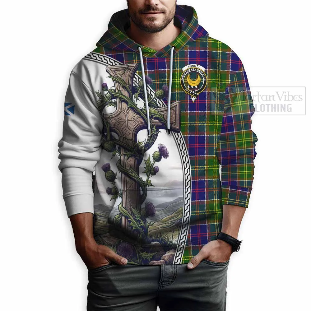 Arnott Tartan Hoodie with Family Crest and St. Andrew's Cross Accented by Thistle Vines