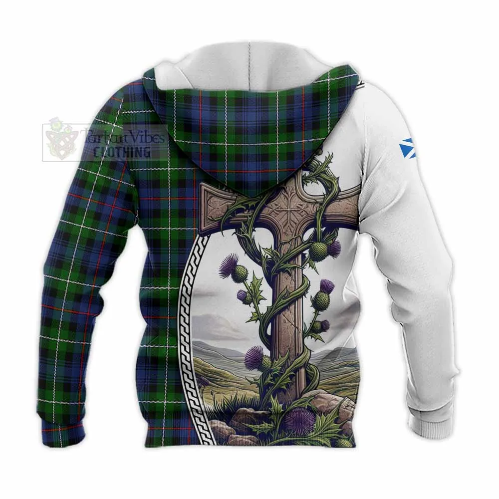 Baillie (Bailey) Tartan Knitted Hoodie with Family Crest and St. Andrew's Cross Accented by Thistle Vines