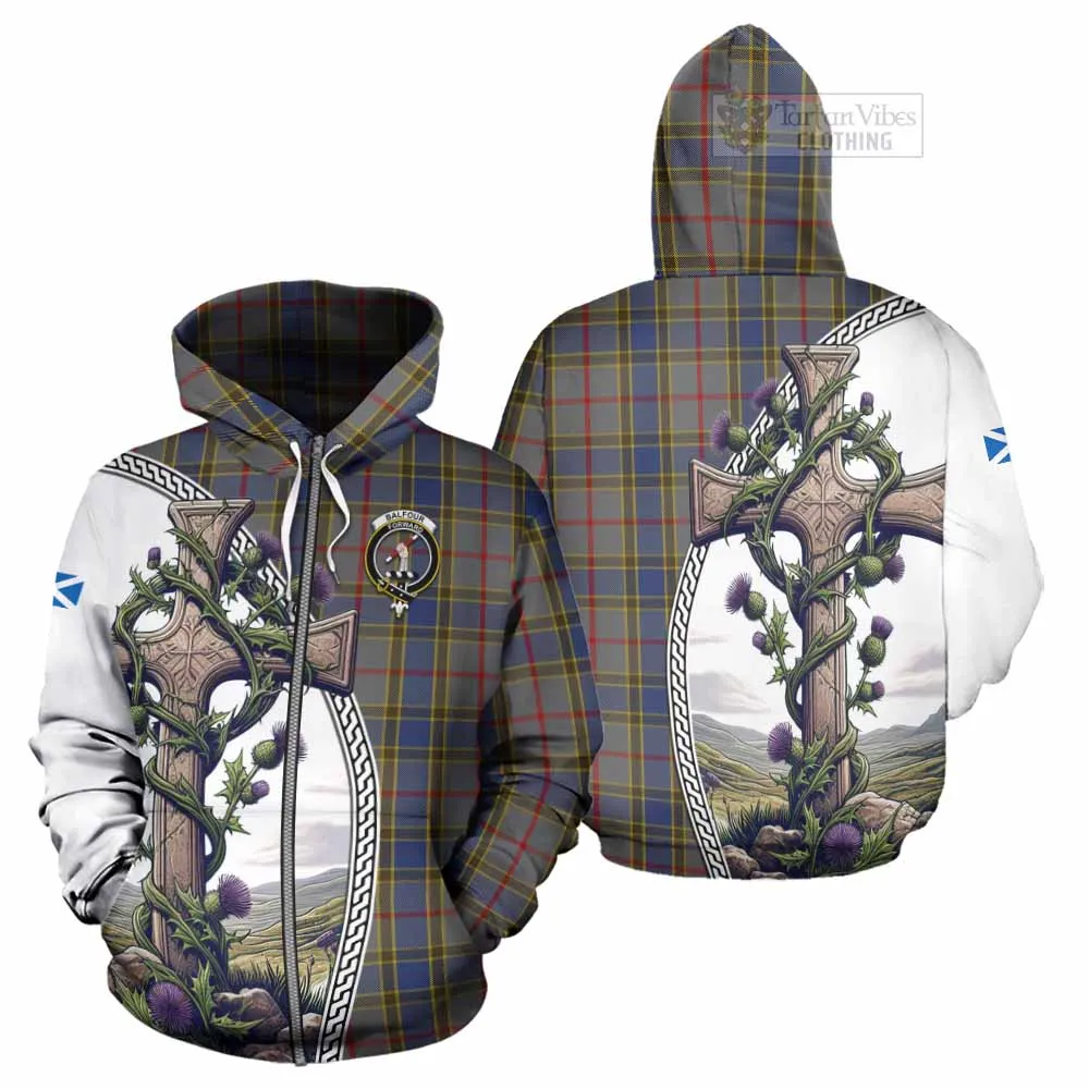 Balfour Tartan Hoodie with Family Crest and St. Andrew's Cross Accented by Thistle Vines