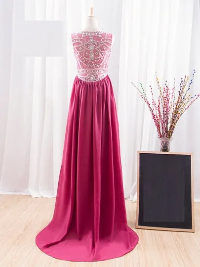 Beaded Bateau Crystal Evening Dress