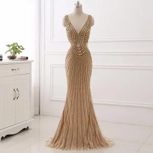 Beaded Gold Long Prom Dress