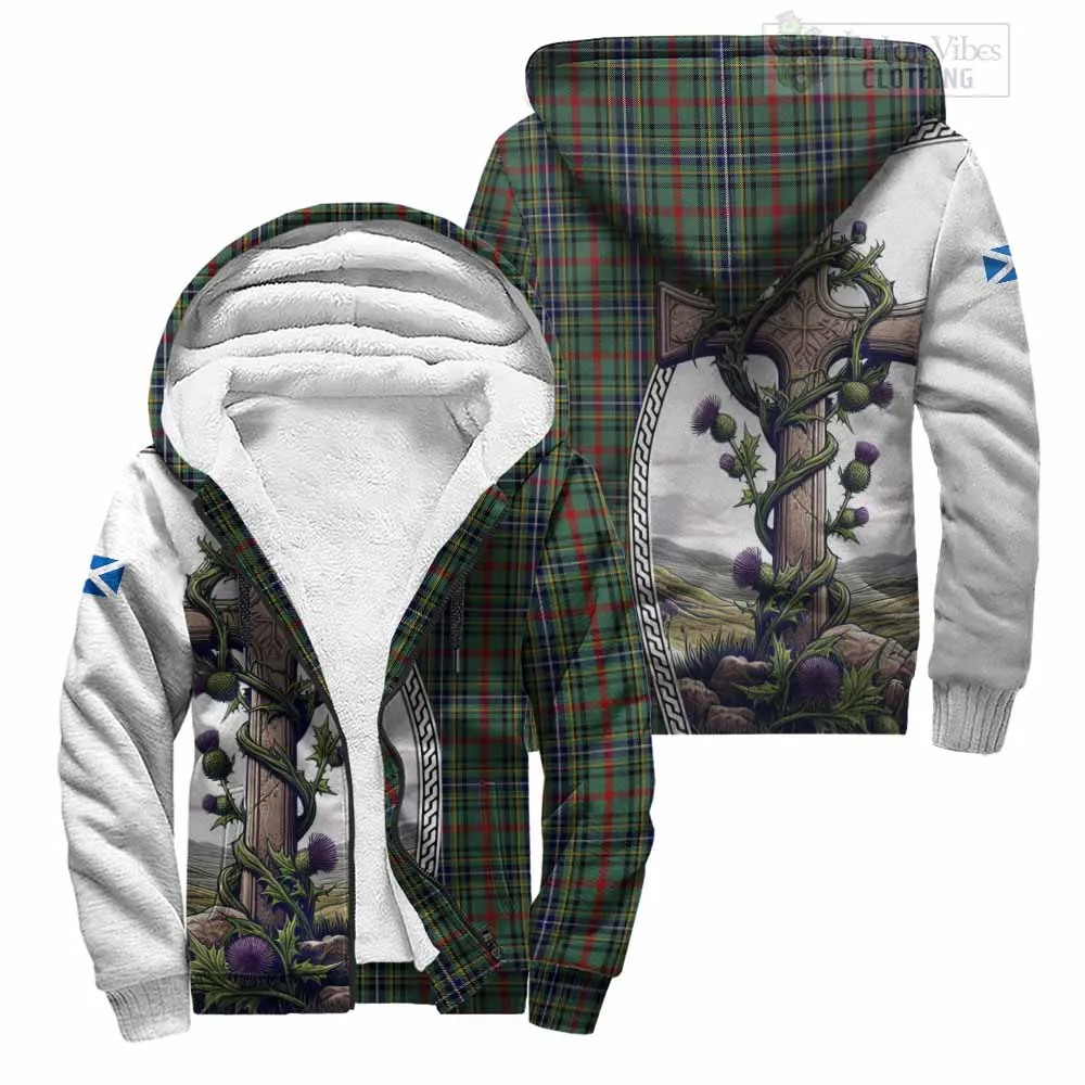 Bisset Tartan Sherpa Hoodie with Family Crest and St. Andrew's Cross Accented by Thistle Vines