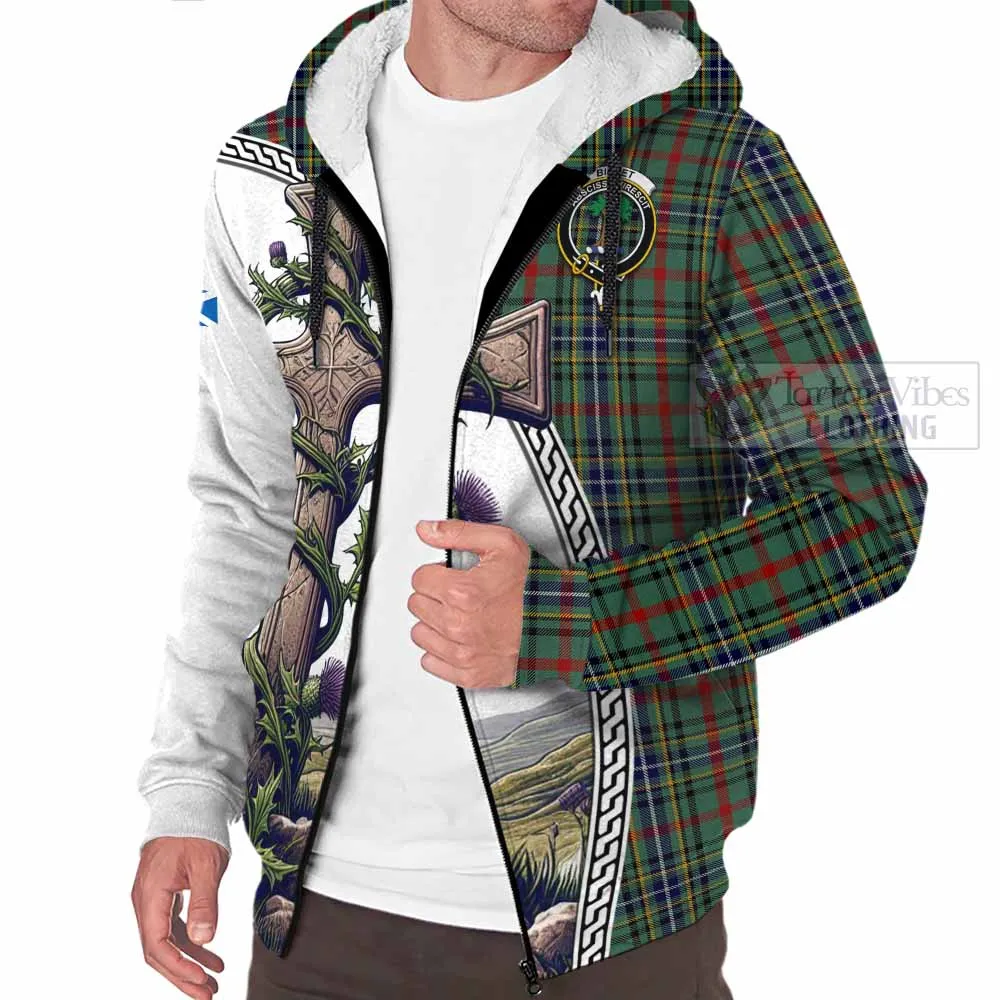 Bisset Tartan Sherpa Hoodie with Family Crest and St. Andrew's Cross Accented by Thistle Vines