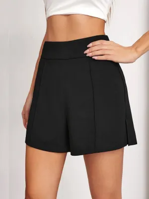 Black High Waist Solid Summer Women Shorts-3367