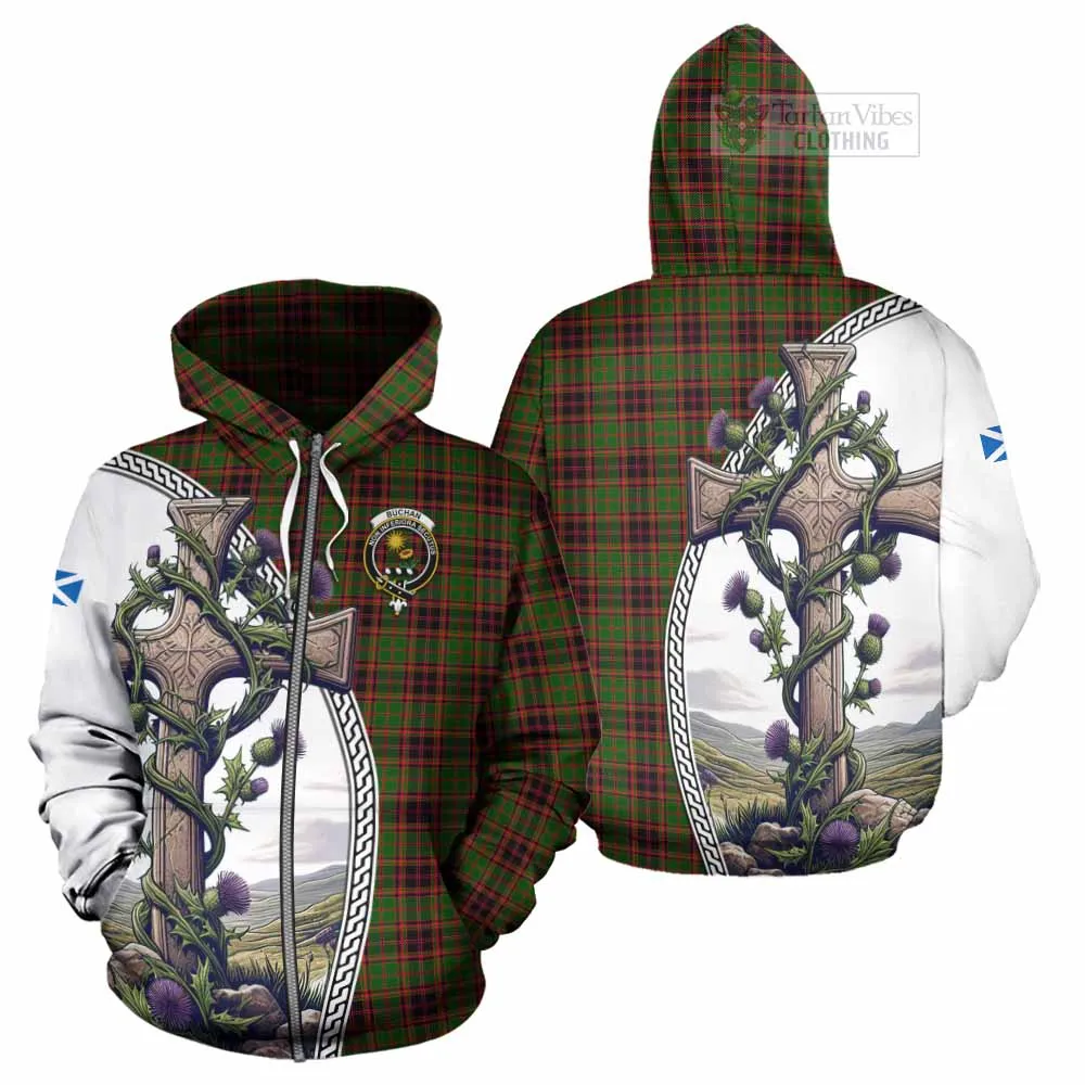 Buchan Tartan Hoodie with Family Crest and St. Andrew's Cross Accented by Thistle Vines