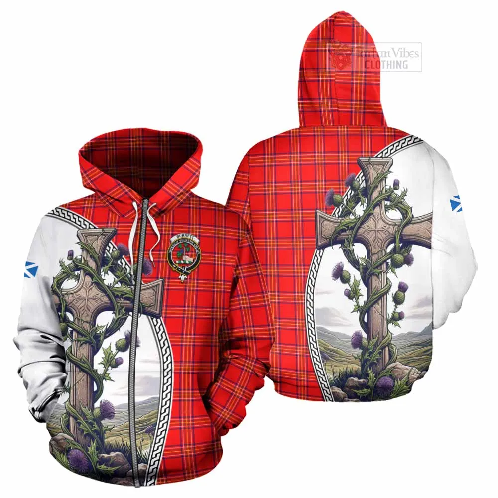 Burnett Tartan Hoodie with Family Crest and St. Andrew's Cross Accented by Thistle Vines