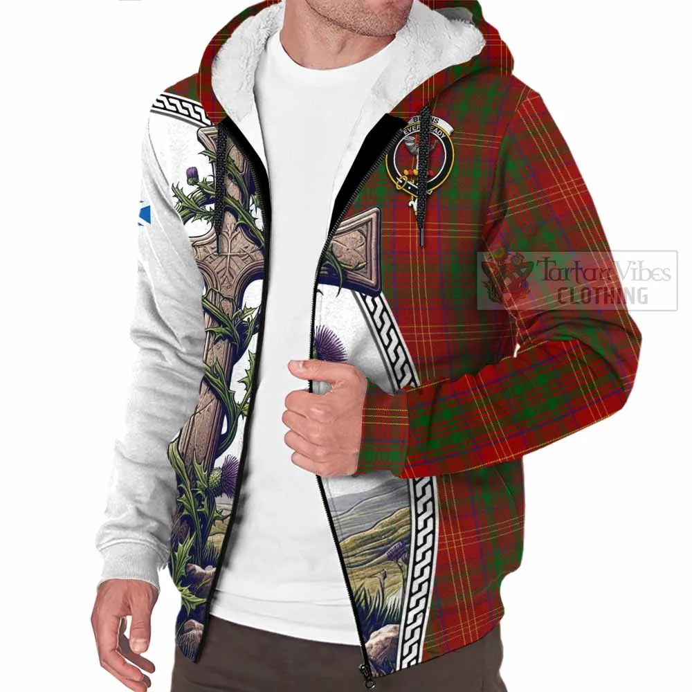 Burns Tartan Sherpa Hoodie with Family Crest and St. Andrew's Cross Accented by Thistle Vines