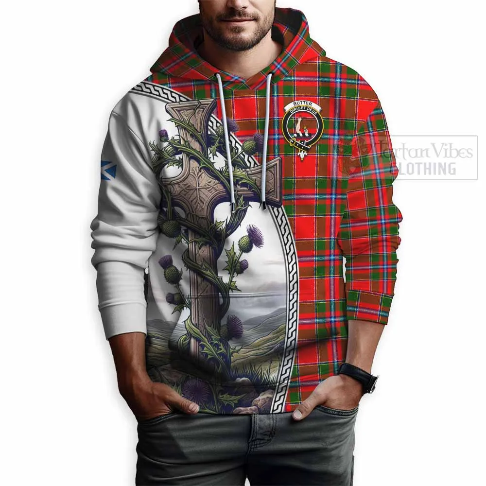 Butter Tartan Hoodie with Family Crest and St. Andrew's Cross Accented by Thistle Vines