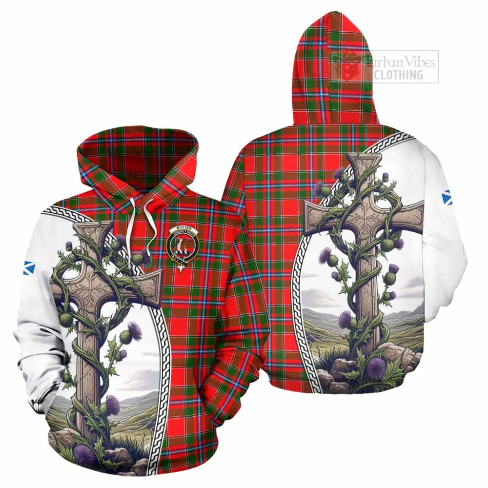 Butter Tartan Hoodie with Family Crest and St. Andrew's Cross Accented by Thistle Vines