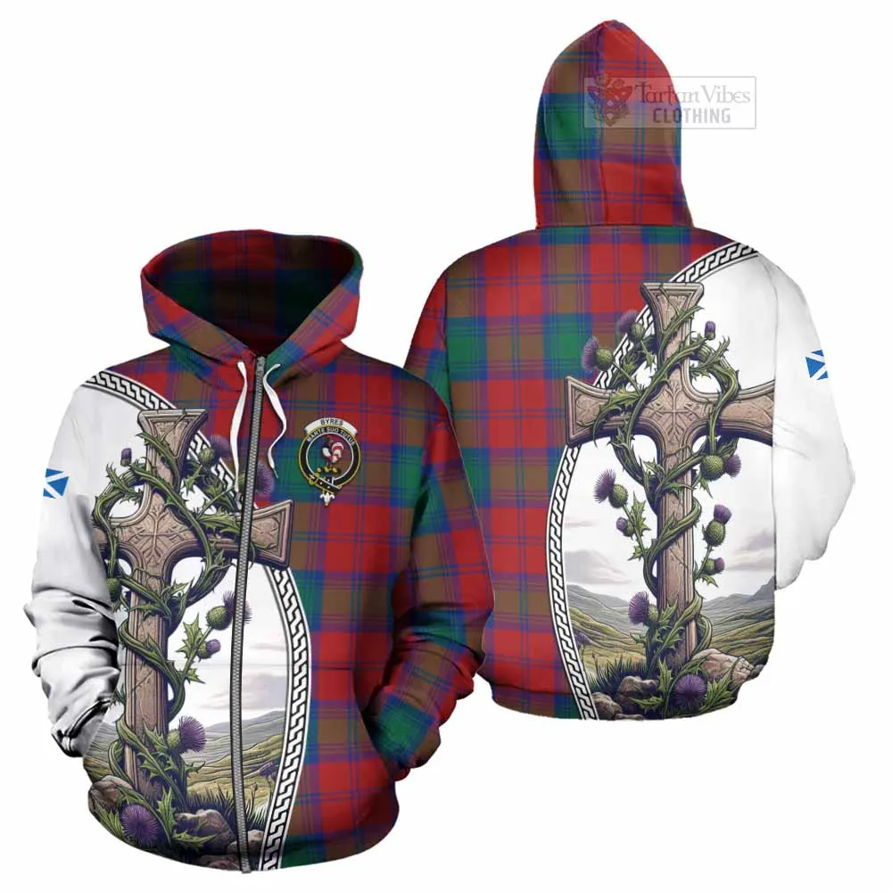 Byres (Byses) Tartan Hoodie with Family Crest and St. Andrew's Cross Accented by Thistle Vines