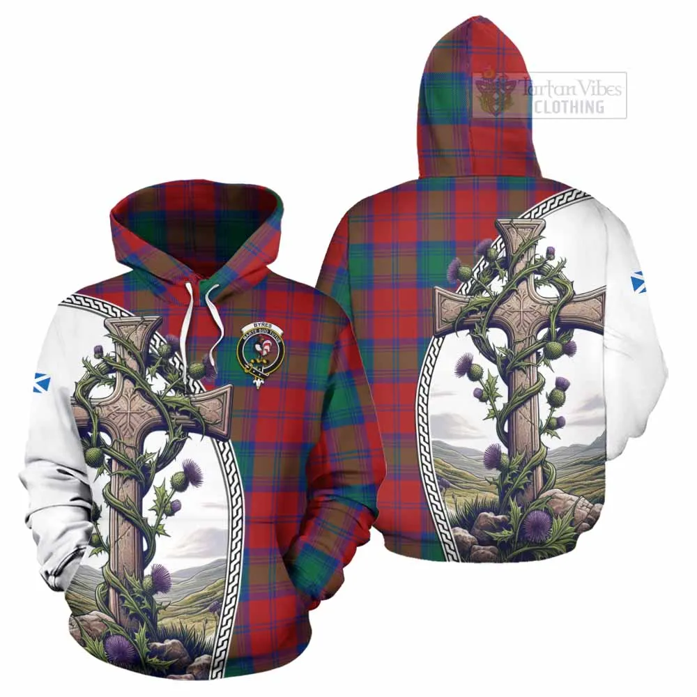 Byres (Byses) Tartan Hoodie with Family Crest and St. Andrew's Cross Accented by Thistle Vines