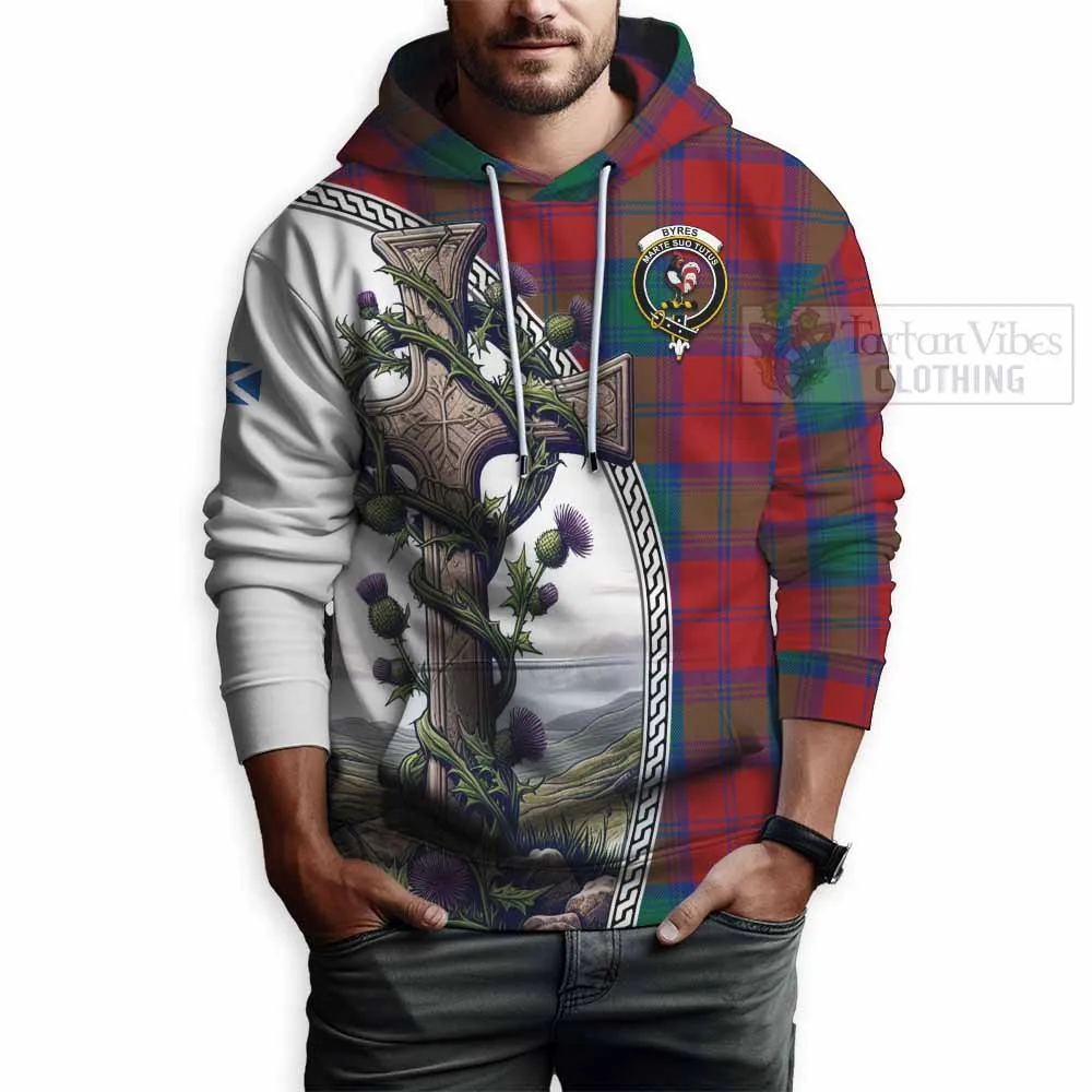 Byres (Byses) Tartan Hoodie with Family Crest and St. Andrew's Cross Accented by Thistle Vines
