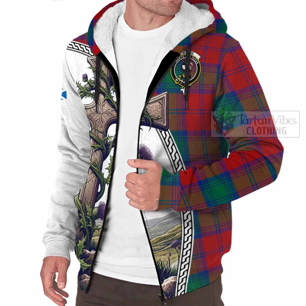 Byres (Byses) Tartan Sherpa Hoodie with Family Crest and St. Andrew's Cross Accented by Thistle Vines