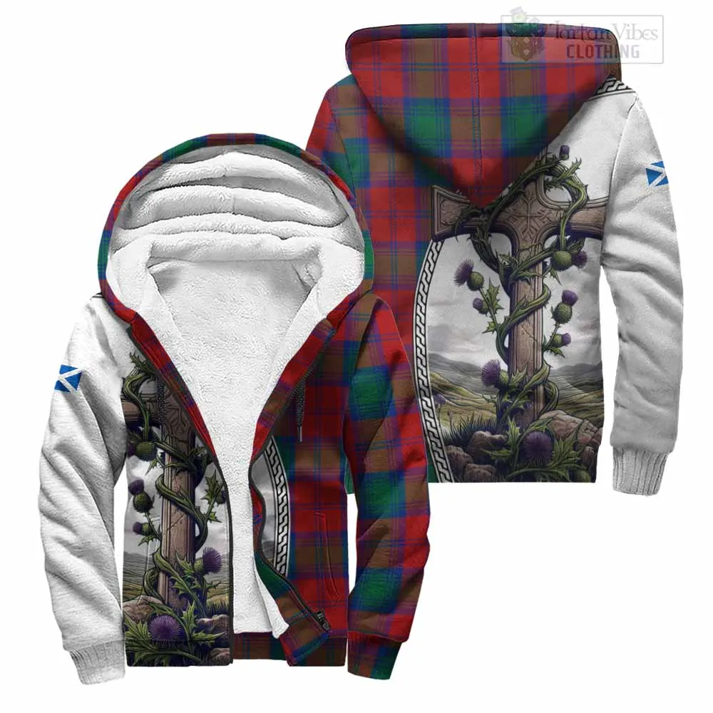 Byres (Byses) Tartan Sherpa Hoodie with Family Crest and St. Andrew's Cross Accented by Thistle Vines