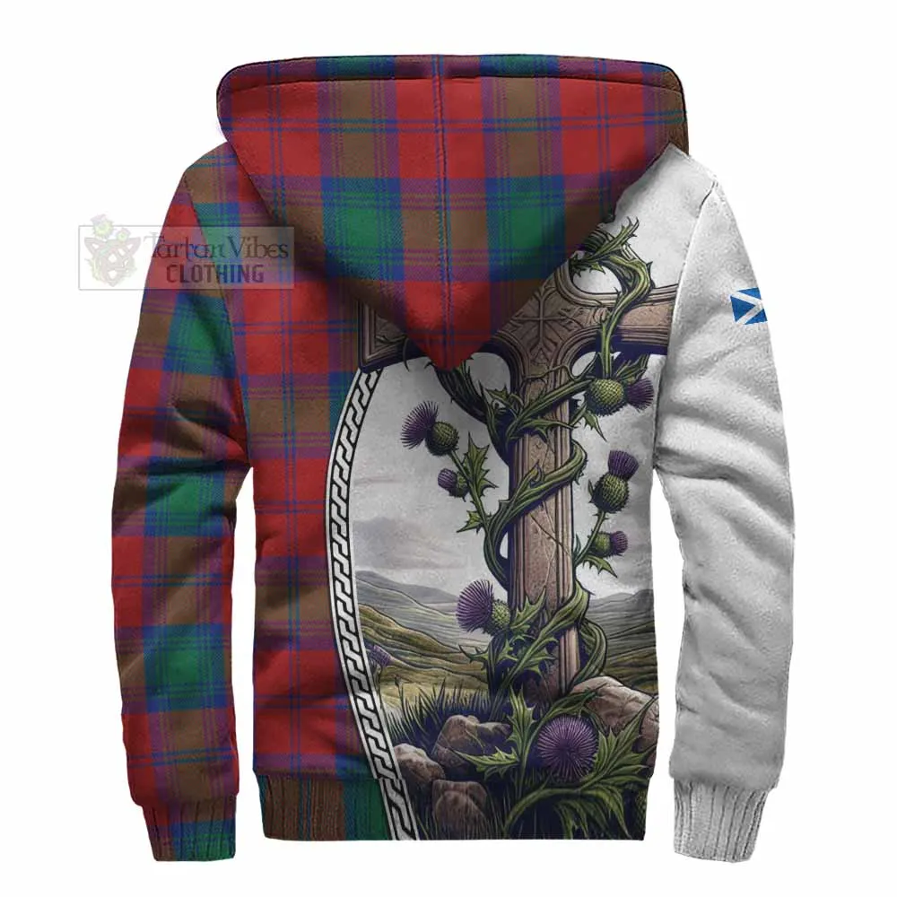 Byres (Byses) Tartan Sherpa Hoodie with Family Crest and St. Andrew's Cross Accented by Thistle Vines