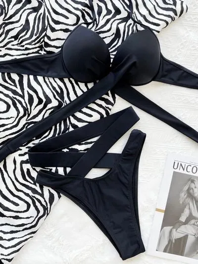 Crisscross Halter Neck Bikini Set Black