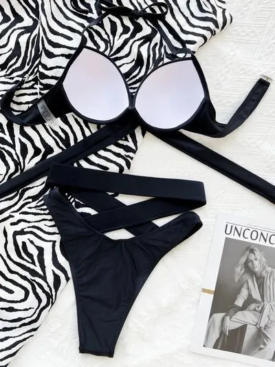 Crisscross Halter Neck Bikini Set Black