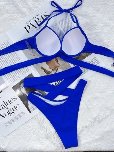 Crisscross Halter Neck Bikini Set Royal Blue