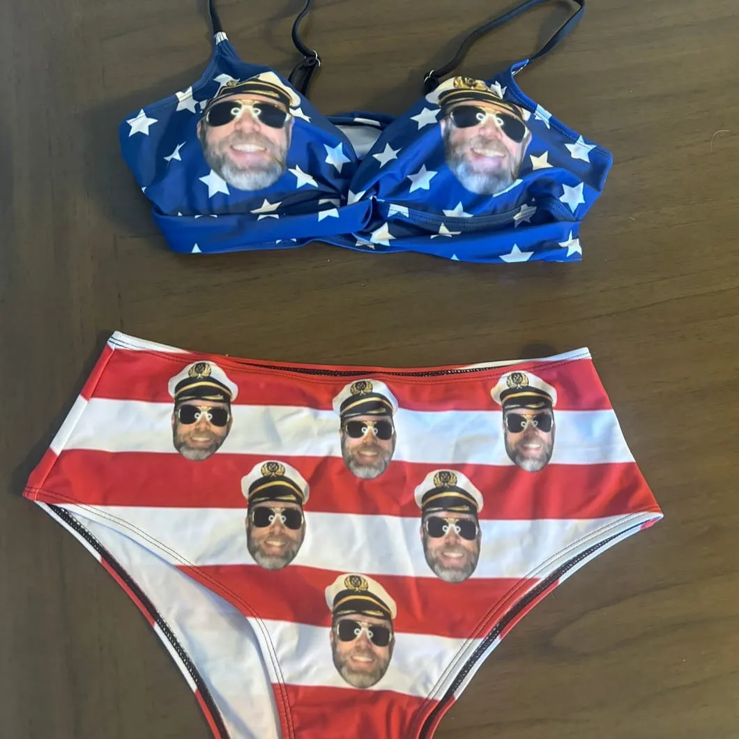 Custom Face American Flag Bikini Sets High Waisted V Neck Twist Front Adjustable Spaghetti Straps Bathing Suit