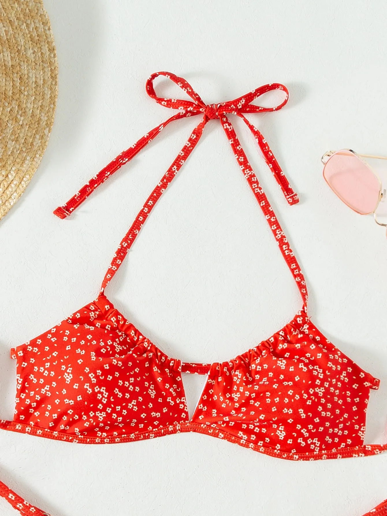 Ditsy Floral Print Cut-Out Halter Thong Bikini Swimsuit