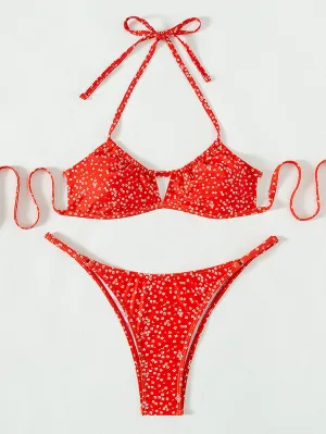 Ditsy Floral Print Cut-Out Halter Thong Bikini Swimsuit