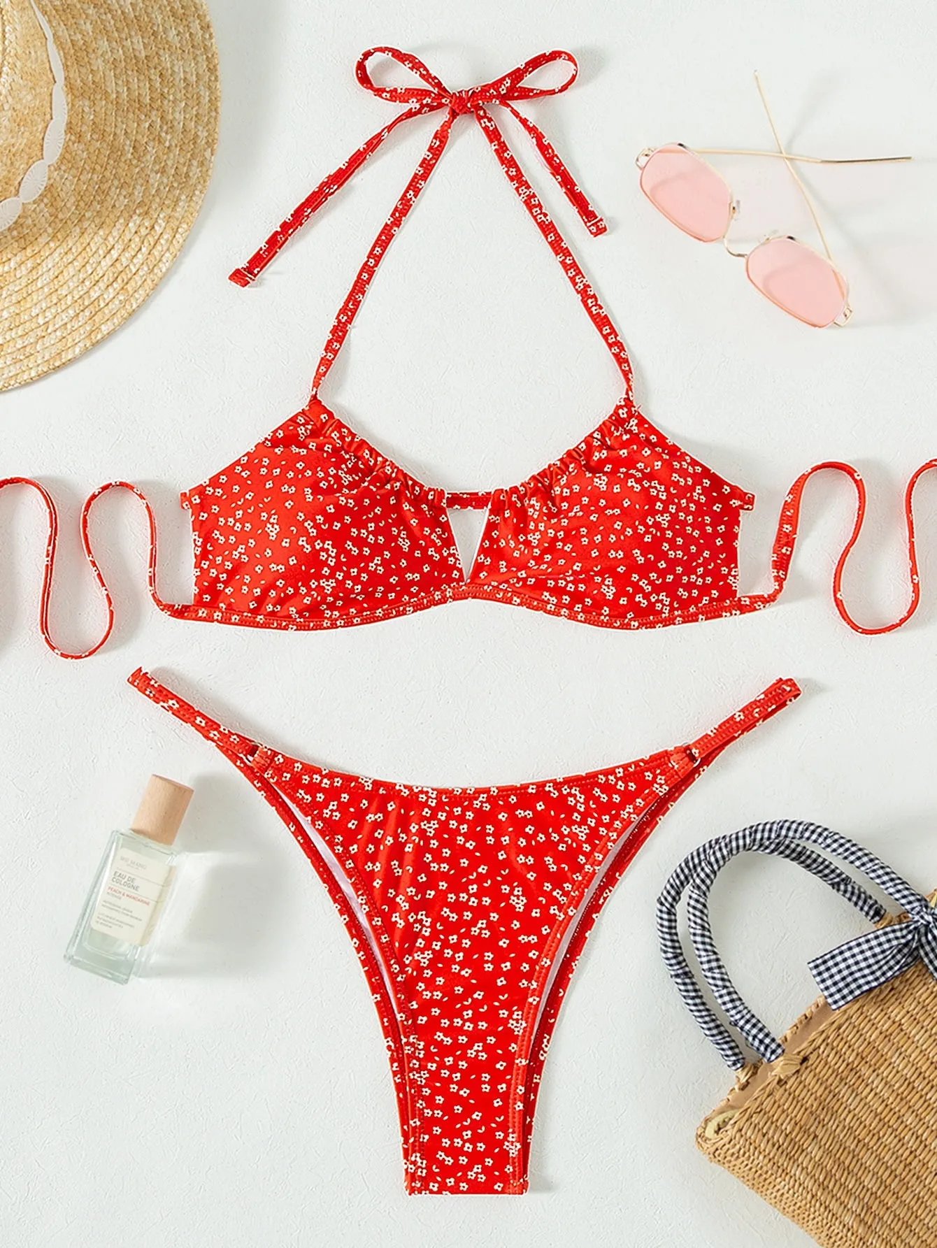 Ditsy Floral Print Cut-Out Halter Thong Bikini Swimsuit