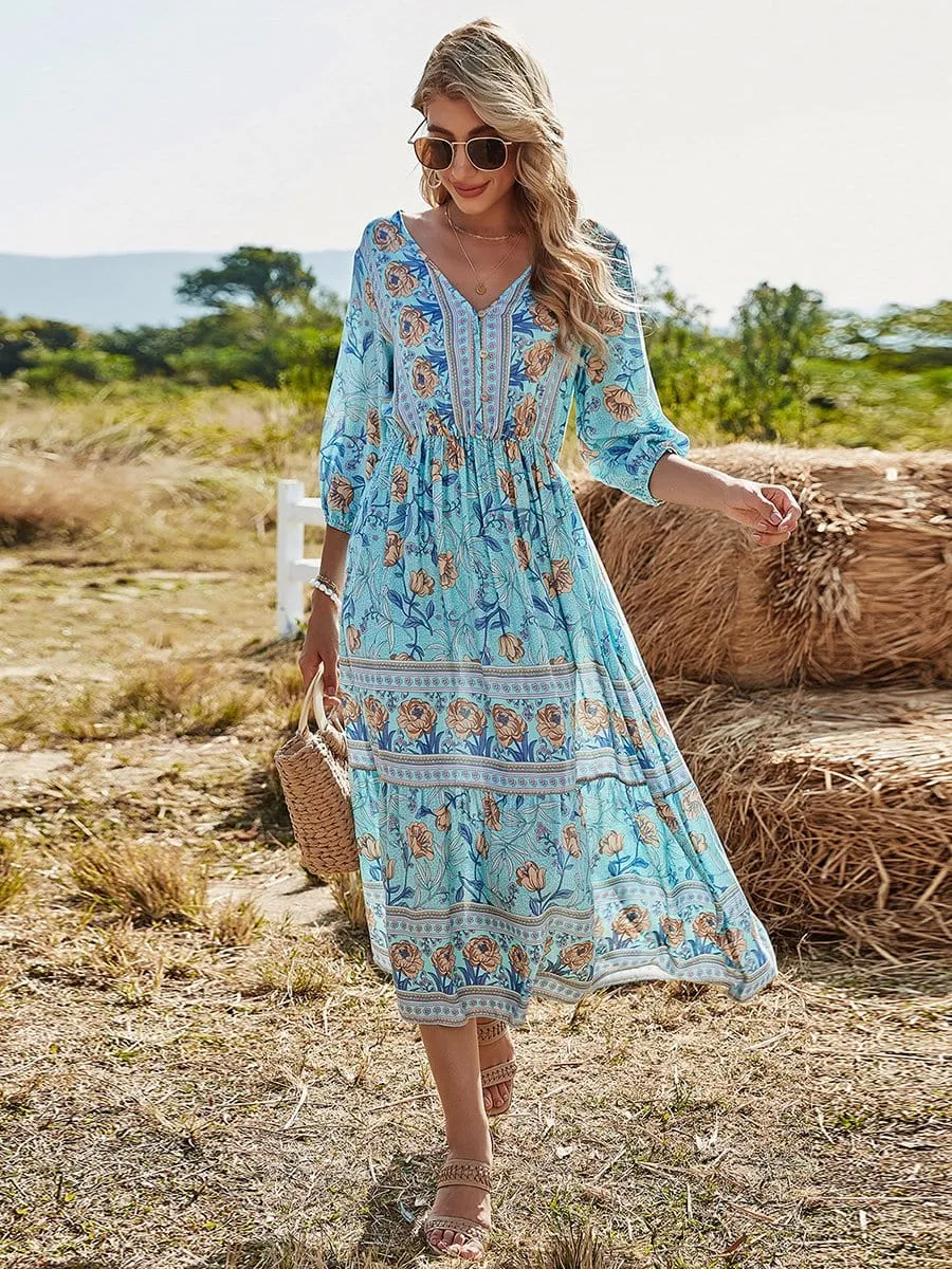 Elegant Deep V Neck Long Sleeves Long Maxi Broomstick Summer Dress