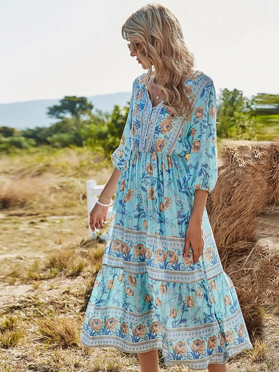 Elegant Deep V Neck Long Sleeves Long Maxi Broomstick Summer Dress