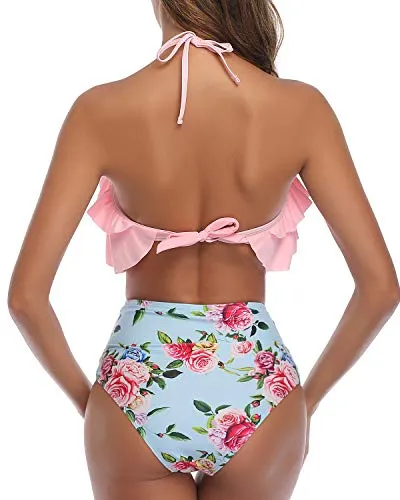 Feminine Tiered Ruffle Bikini Set Backless Halter Top For Juniors-Light Pink Floral