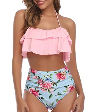 Feminine Tiered Ruffle Bikini Set Backless Halter Top For Juniors-Light Pink Floral