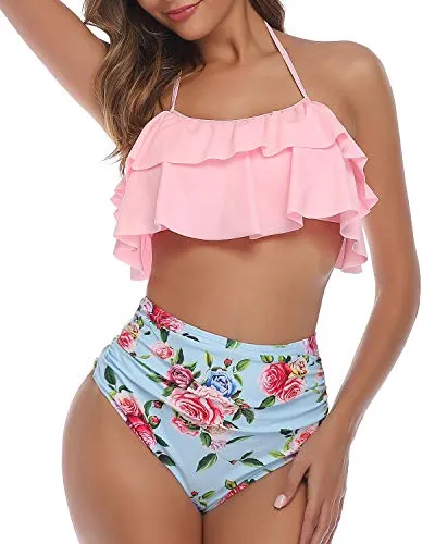 Feminine Tiered Ruffle Bikini Set Backless Halter Top For Juniors-Light Pink Floral