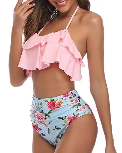 Feminine Tiered Ruffle Bikini Set Backless Halter Top For Juniors-Light Pink Floral