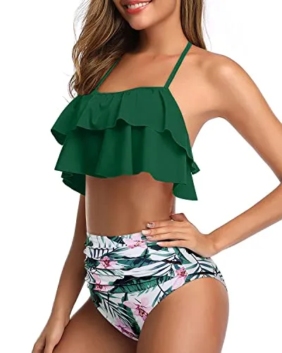 Feminine Tiered Ruffle Two Piece Swimsuit For Juniors And Teens-Green Tropical Floral