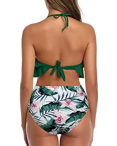 Feminine Tiered Ruffle Two Piece Swimsuit For Juniors And Teens-Green Tropical Floral