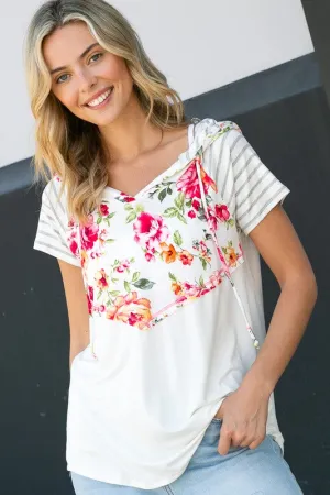 FLORAL SHORT SLEEVE HOODIE TOP