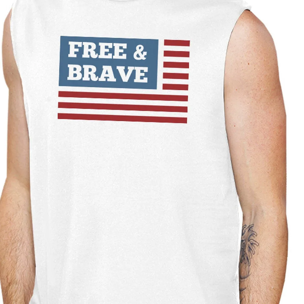 Free & Brave Us Flag Mens White Funny Muscle Tank Top Crewneck Line