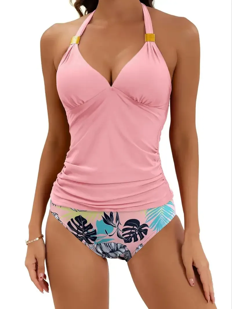 Halter Leaf Print High Waist bikini set