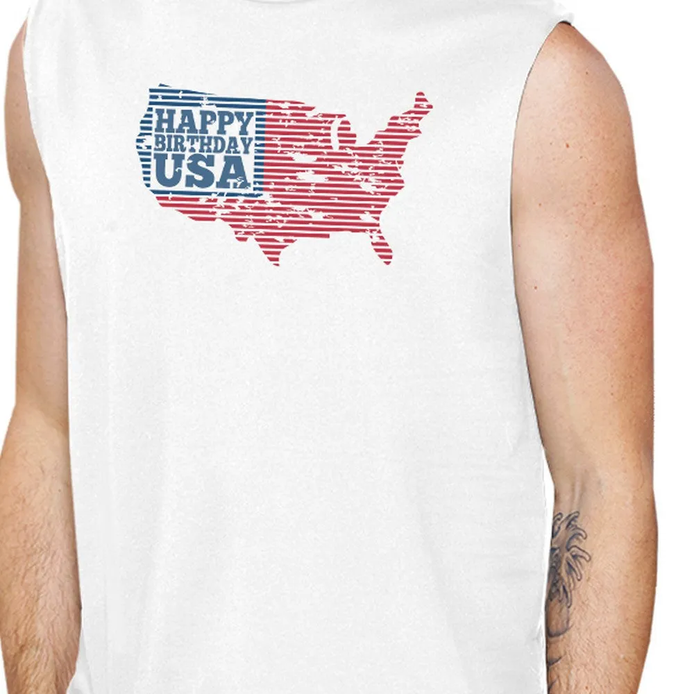 Happy Birthday USA Mens White Cap Sleeve Tshirt Funny 4 Of July Tee