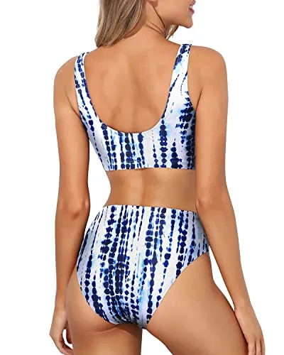 High Cut Swimsuit Sporty Two Piece Scoop Neck Bikini For Long Torso-Blue Tie Dye